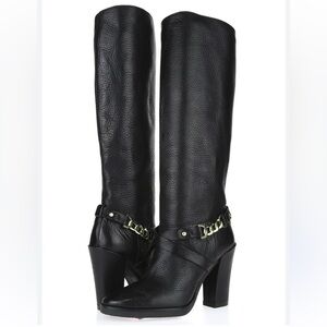 Kate Spade Montreal Black Leather Chain Link Tall 4" Heeled Boots Size 10